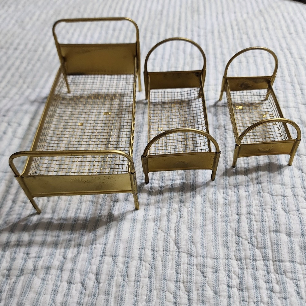 Antique Germany Miniature Gold Metal Mesh Dollhouse Beds RARE Set of 3 Nesting